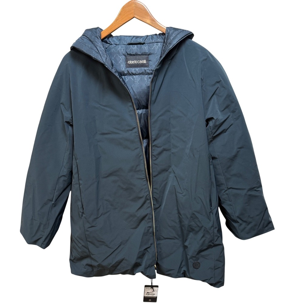 Roberto Cavalli Womens Down Jacket Navy Blue Hooded Puffer OOT40K-SB004 NEW